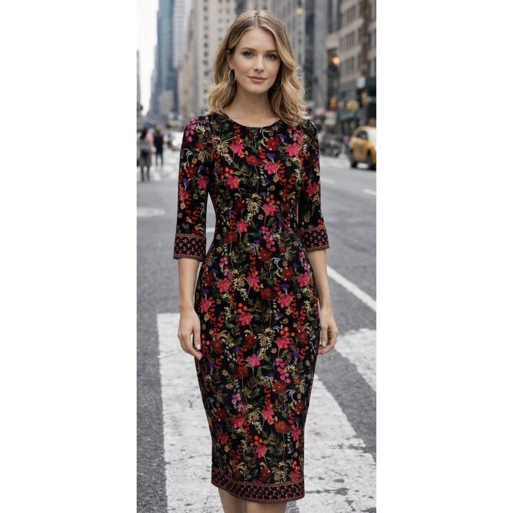Alice + Olivia Delora Floral Fitted Bodycon Stretch Jersey Midi